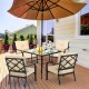 Patio dining set featuring two cushioned chairs with armrests and a sturdy steel frame, perfect for outdoor relaxation.
