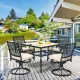 5-piece outdoor patio dining set featuring a square table and 4 swivel chairs with soft cushions for backyard.