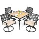 5-piece outdoor patio dining set featuring a square table and 4 swivel chairs with soft cushions, perfect for backyard.