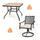5-piece outdoor patio dining set featuring a square table and swivel chairs with soft cushions, ideal for backyard use.