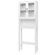 Over the toilet storage cabinet in sleek white with dual glass doors, providing stylish and functional bathroom storage.