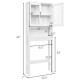 Over the toilet storage cabinet in white with tempered glass doors, featuring adjustable shelves for bathroom.
