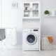 Over the toilet storage cabinet in pure white with tempered glass doors, ideal for bathroom organization and.