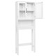 Over the toilet storage cabinet in white with tempered glass doors, featuring adjustable shelves for organized bathroom.