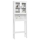 Over the toilet storage cabinet in white with open center shelf and tempered glass doors, perfect for maximizing.