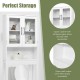 Over the toilet storage cabinet in pure white with tempered glass doors and open shelf for organized bathroom.