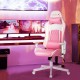 Ergonomic pink gaming chair with adjustable headrest, lumbar support, and 360° swivel for comfort during long sessions.
