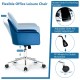 Blue velvet office chair featuring a metal base, adjustable height, and rocking function for added comfort and.