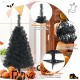 Black 3 feet unlit artificial Christmas Halloween mini tree with dense PVC needles and stable plastic stand for festive.