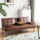 Convertible brown leather futon sofa with cup holders and removable armrests for home or office relaxation.