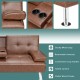 Convertible brown leather futon sofa with removable armrests and cup holders, featuring sturdy metal legs for support.