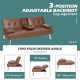Convertible brown leather futon sofa with adjustable backrest, cup holders, and removable armrests for versatile.