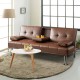 Convertible brown leather futon sofa with cup holders and removable armrests, perfect for home or office relaxation.