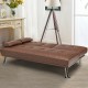 Convertible brown leather futon sofa with removable armrests and foldable cup holders, ideal for home or office.