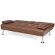 Convertible brown leather futon sofa with removable armrests and foldable cup holders, ideal for home or office use.