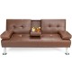 Brown leather convertible futon sofa featuring a central cup holder and padded armrests for added comfort and.