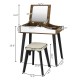 Vanity table set with flip-top mirror and padded stool in brown, featuring solid wood legs and ample storage space.