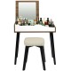 Vanity table set with flip-top mirror and padded stool in brown, featuring solid wood legs and spacious storage for.