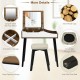 Vanity table set with flip-top mirror, padded stool, and solid wood legs for dual-use as a dressing and work table.
