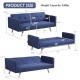 Adjustable 3-seat blue linen fabric futon sofa with USB ports, showcasing dimensions and weight capacity of 530 lbs.
