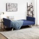 Convertible blue linen fabric futon sofa with adjustable backrest and USB ports, perfect for living room relaxation.