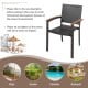 Stackable outdoor patio wicker dining chair with curved acacia wood armrests, lightweight and weather-resistant design.