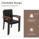 Stackable outdoor patio wicker dining chair with curved acacia wood armrests, lightweight design for easy transport.