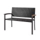 Patio rattan wicker bench with acacia wood armrests, featuring a sturdy steel frame for outdoor or indoor use.