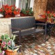Patio rattan wicker bench with armrests in brown, made of weather-resistant PE rattan for outdoor garden seating.