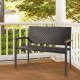 Patio rattan wicker bench with acacia wood armrests, made of weather-resistant PE rattan, ideal for outdoor relaxation.