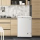 Compact 3.5 cu.ft chest freezer in white with removable basket, ideal for kitchen storage and efficient cooling.