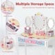 Kids vanity set with tri-fold mirror, white finish, three drawers, and two storage boxes for organizing makeup and.