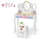 Kids vanity dressing table set with tri-fold mirror, white finish, and storage drawers for makeup and accessories.