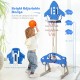 Height-adjustable 3-in-1 basketball hoop set for kids in blue, featuring basketball, football, and ring toss games.