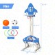 3-in-1 adjustable height basketball hoop playset in blue, includes football, basketball, and rings for kids' fun.
