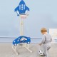 3-in-1 adjustable height kids' basketball hoop playset in blue with rocket design, includes basketball, football, and.