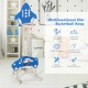 Adjustable 3-in-1 kids basketball hoop in blue, featuring rocket design for basketball, football, and ring toss games.