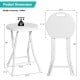 Collapsible round stool with handle, white PE seat, sturdy metal frame, ideal for portable seating and easy storage.