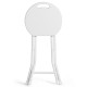 White collapsible round stool with handle, showcasing its foldable design and sturdy metal frame for convenient storage.