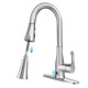 Touchless kitchen faucet with 360° swivel, single handle, and pull-out sprayer for versatile cleaning and convenience.