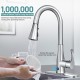 Touchless kitchen faucet with 360° swivel, brushed metal finish, and built-in sensor for convenient hands-free use.