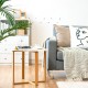 Round side end table with bamboo legs and X-shaped base, perfect for living room or bedroom use.