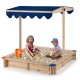 Kids wooden sandbox with height adjustable canopy, spacious for 2-4 kids, made of durable cedar wood for outdoor play.