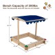 Kids wooden sandbox with height adjustable canopy, solid cedar wood, and colorful corner caps for outdoor play.