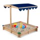 Kids wooden sandbox featuring colorful corner caps and a bottomless structure for drainage, ideal for outdoor fun.