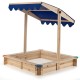 Kids wooden sandbox with height adjustable blue canopy, designed for 2-4 kids, made of durable cedar wood.