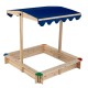 Kids wooden sandbox with height adjustable blue canopy, designed for 2-4 children, made of durable cedar wood.