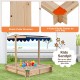 Kids wooden sandbox with height adjustable canopy, durable cedar structure, and multi-color corner caps for outdoor.