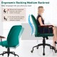 Velvet home office chair in green with wooden armrests, featuring a medium rocking backrest for ergonomic support.