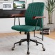 Green velvet home office chair with wooden armrests, 360° swivel, and ergonomic support for versatile workspace use.
